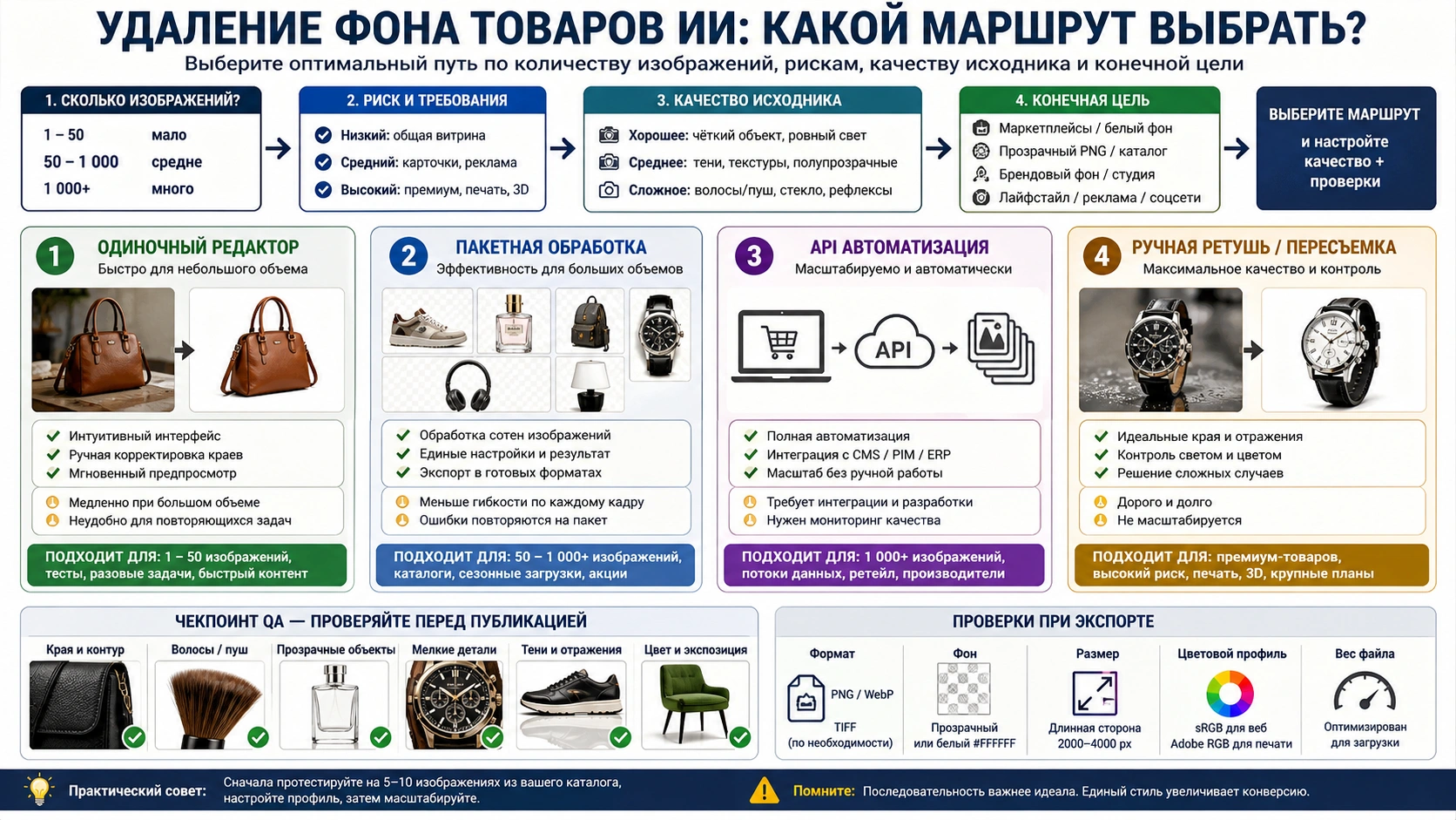 Выбор процесса: одиночный редактор, пакетная обработка, API, ручная ретушь или пересъемка.
