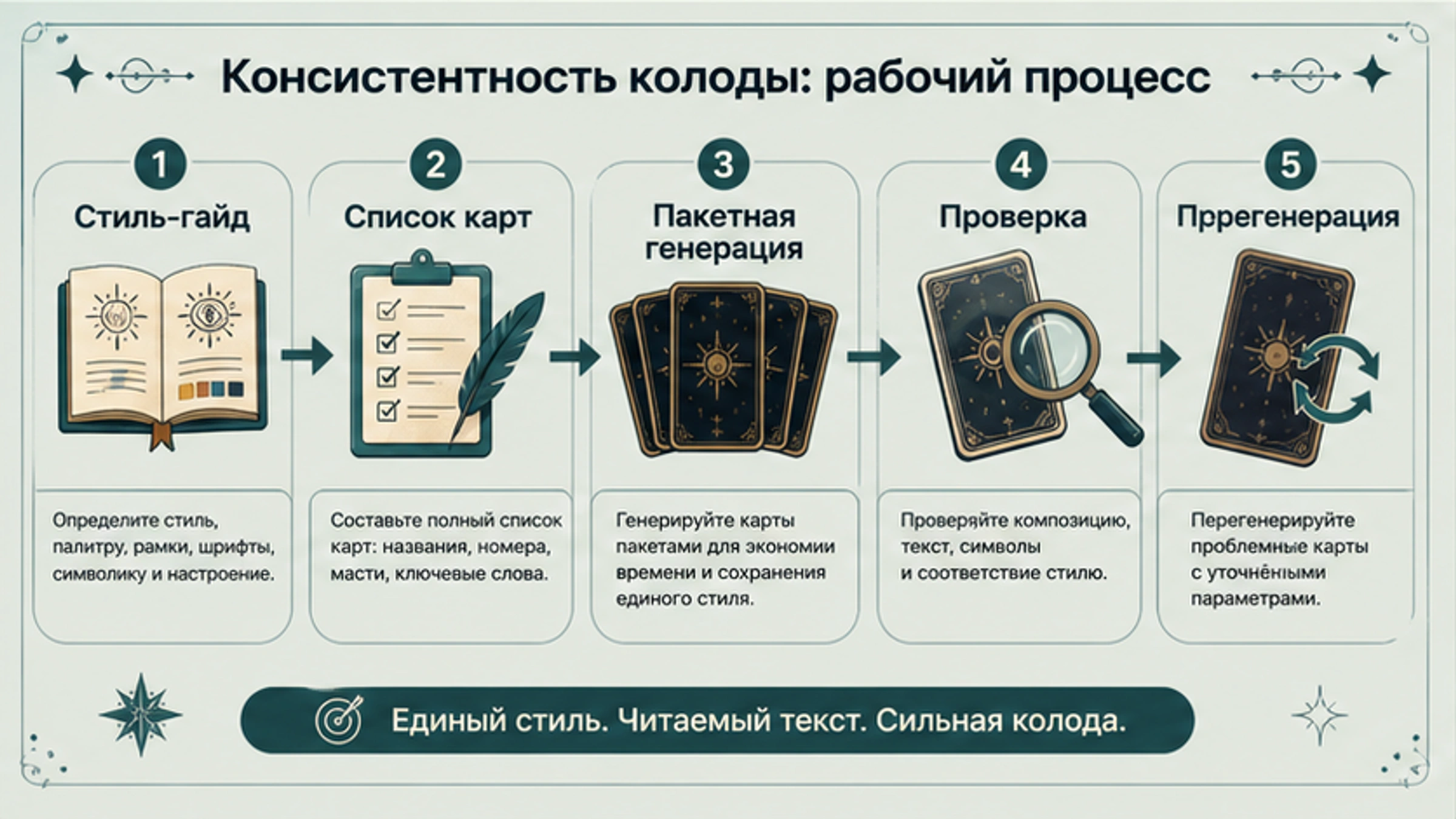 Рабочий процесс колоды Таро от style guide и списка карт до генерации, проверки и регенерации