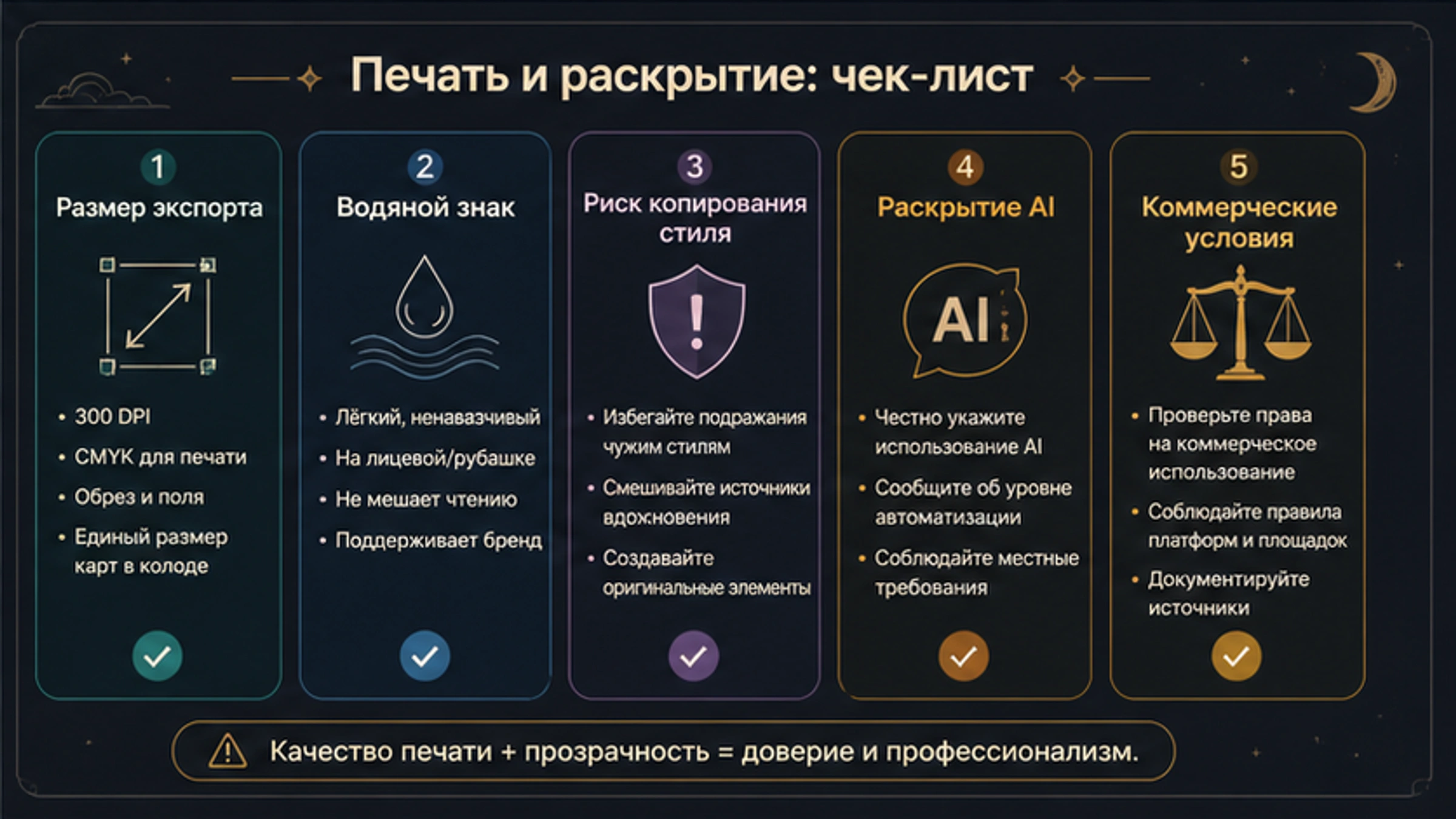 Чеклист перед печатью или продажей AI-карт Таро: экспорт, watermark, риск копирования, AI-disclosure и коммерческие условия