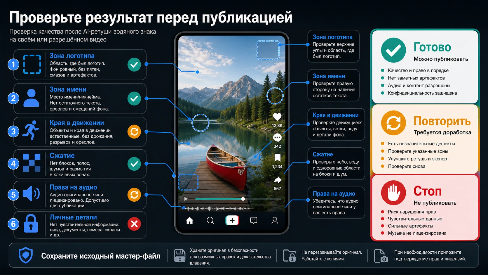 Панель проверки AI-очищенного короткого видео: зона логотипа, зона ника, края движения, компрессия, аудиоправа и приватные детали.