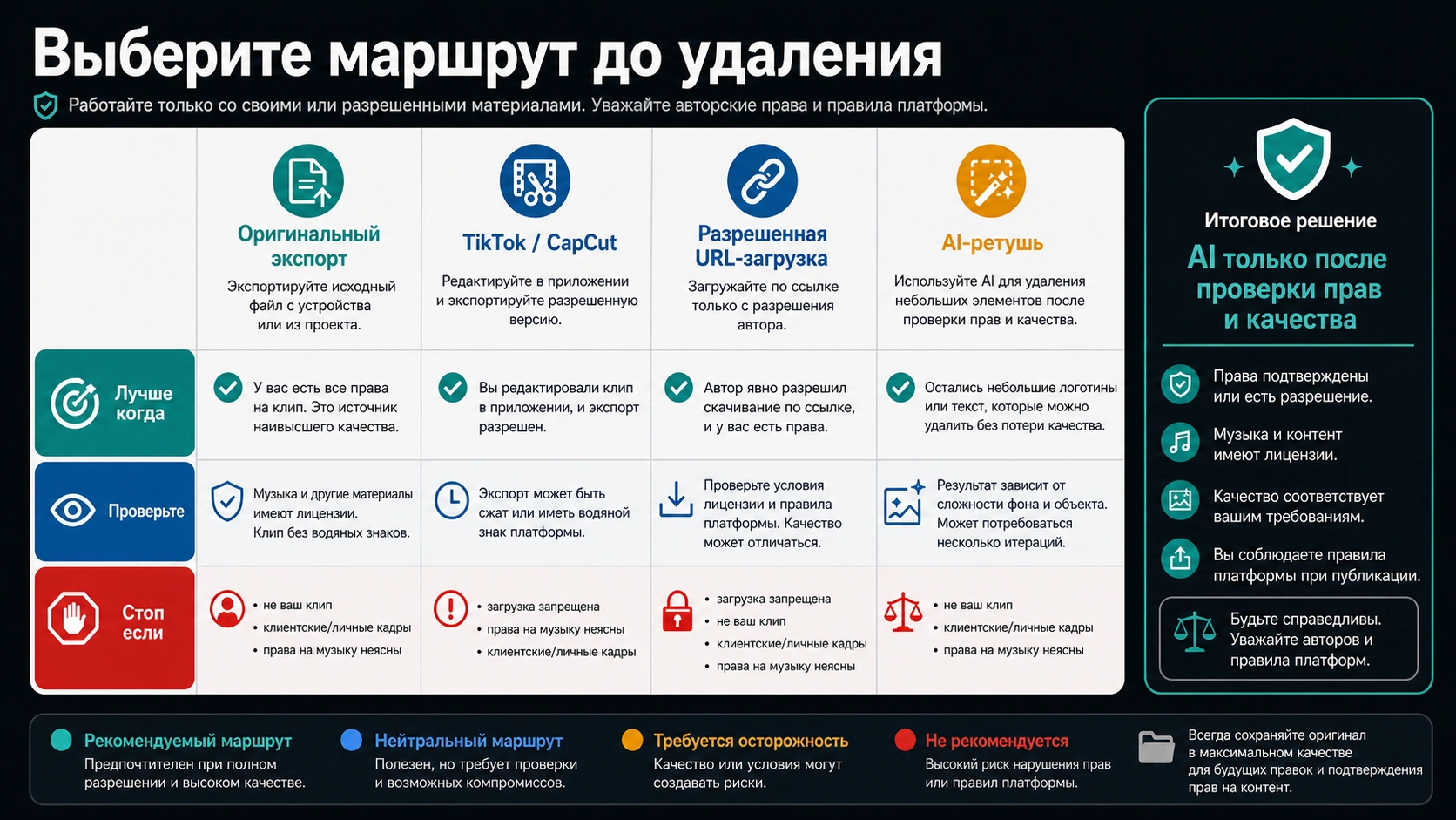 Матрица маршрутов для очистки разрешенного короткого видео: исходный экспорт, TikTok или CapCut, разрешенная загрузка по ссылке и AI-инпейнтинг.