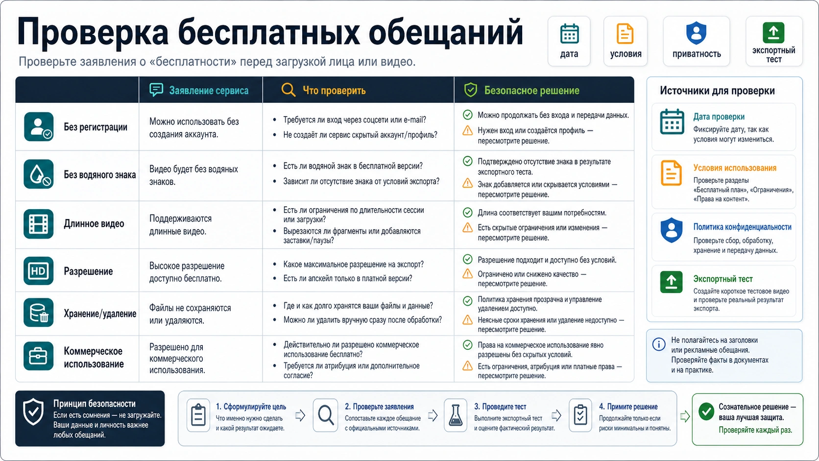 Матрица проверки бесплатных обещаний для замены лица в видео: регистрация, водяной знак, длительность, приватность и коммерческое использование