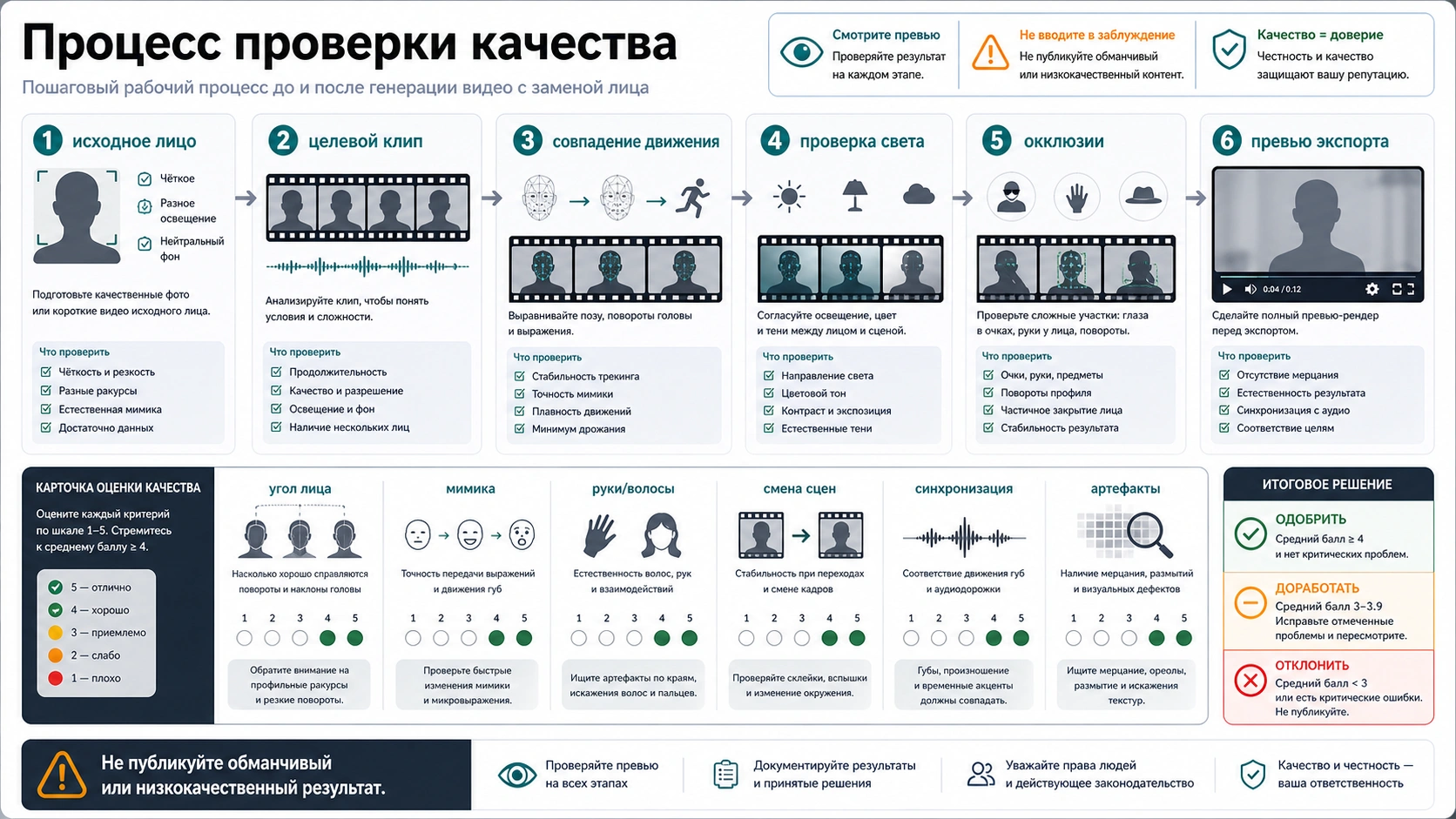 Процесс контроля качества для замены лица в видео: исходное лицо, целевой ролик, движение, свет, перекрытия и предпросмотр
