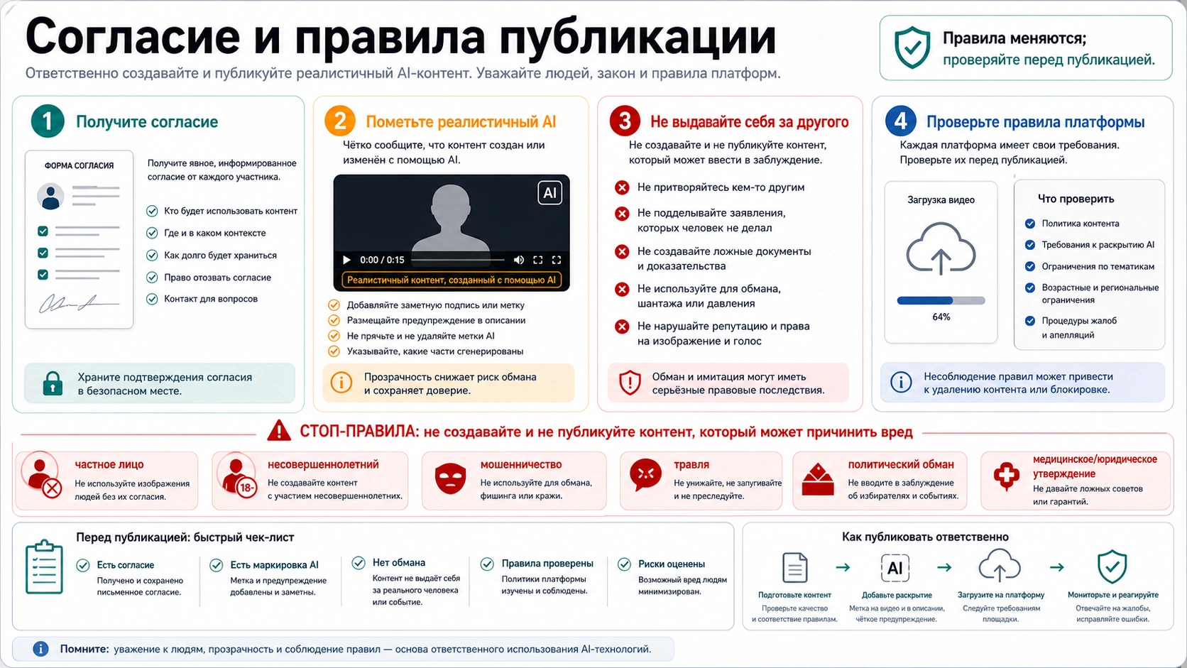 Правила согласия и публикации для замены лица в видео: disclosure, impersonation, minors, fraud, harassment и проверка площадки