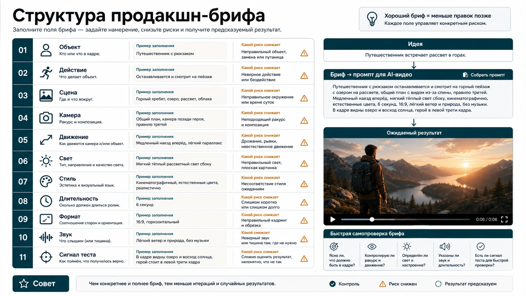 Схема съёмочного задания для AI-видео с героем, действием, камерой, движением, светом, стилем, звуком и критерием проверки