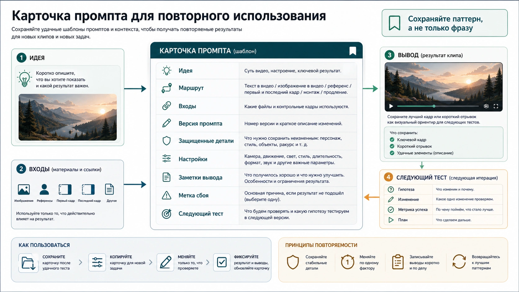Карточка для сохранения идеи, режима, материалов, настроек, результата и следующего теста