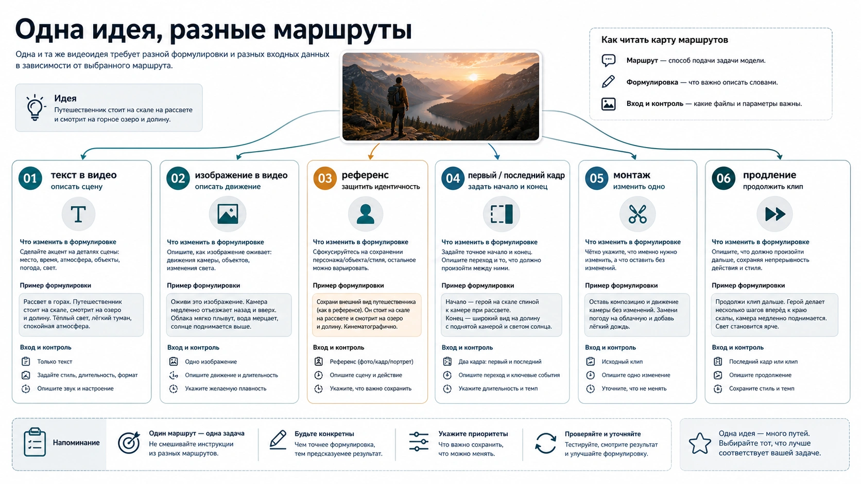 Одна идея, переписанная для генерации из текста, изображения, референсов, начального и конечного кадра, редактирования и продолжения
