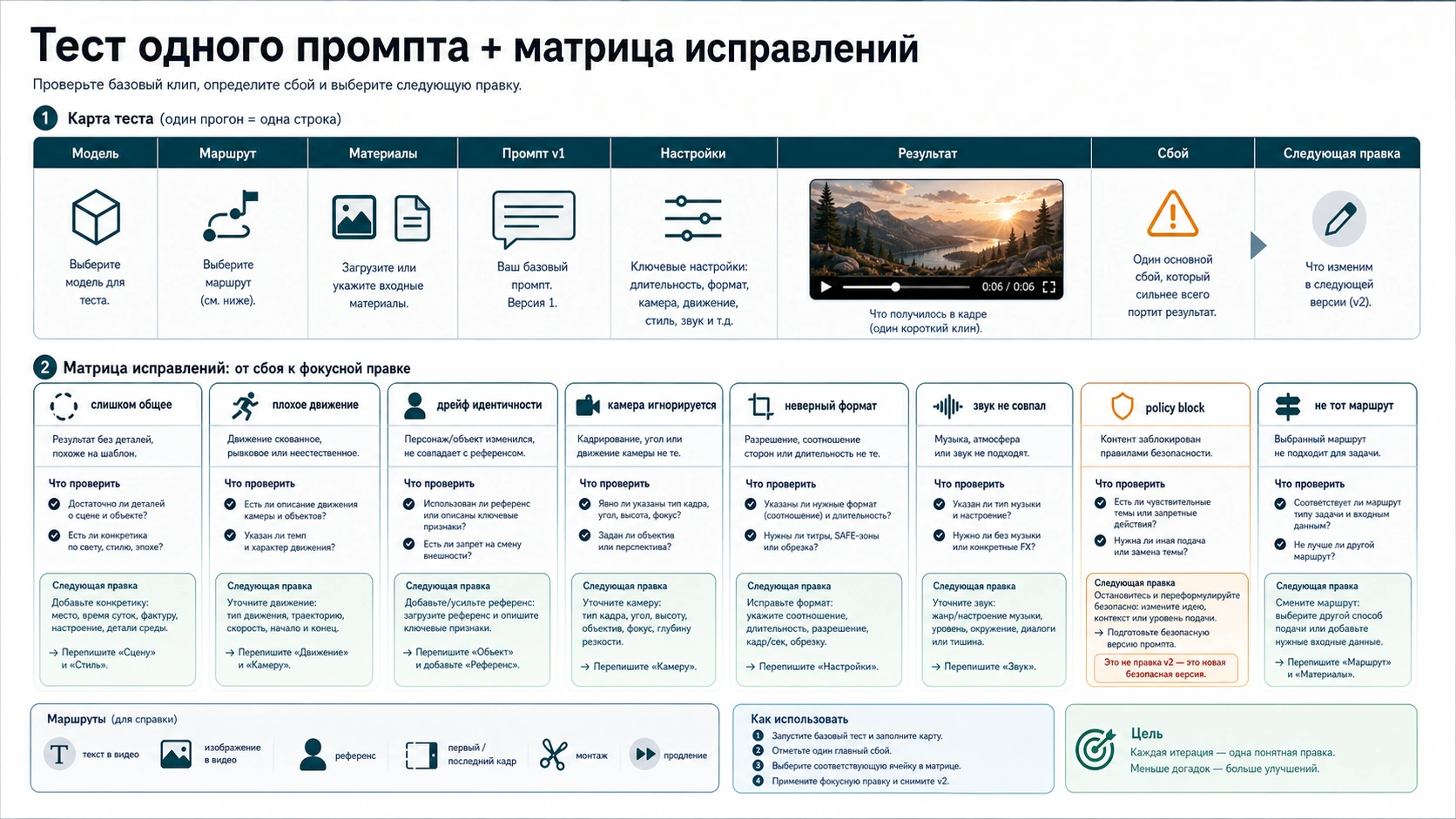 Таблица контрольного клипа и матрица исправления промпта для AI-видео