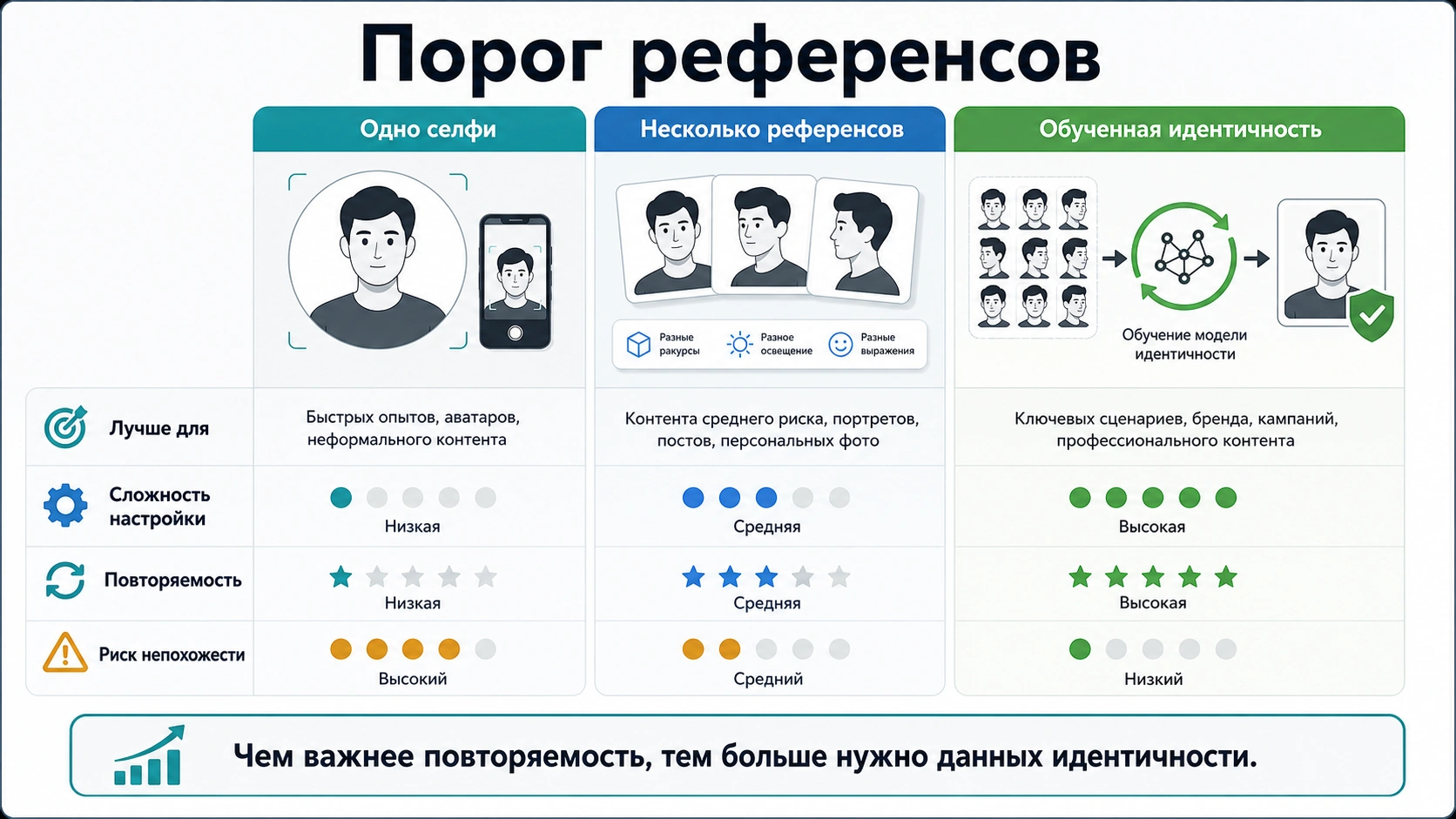 Карта входных данных: одна селфи, несколько референсов или обученная личность для ИИ-фото