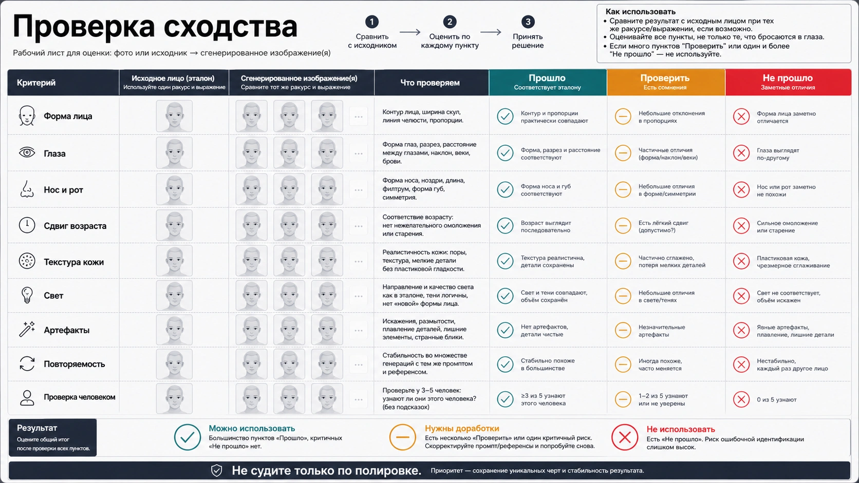 Таблица проверки похожести лица, возраста, артефактов и повторяемости