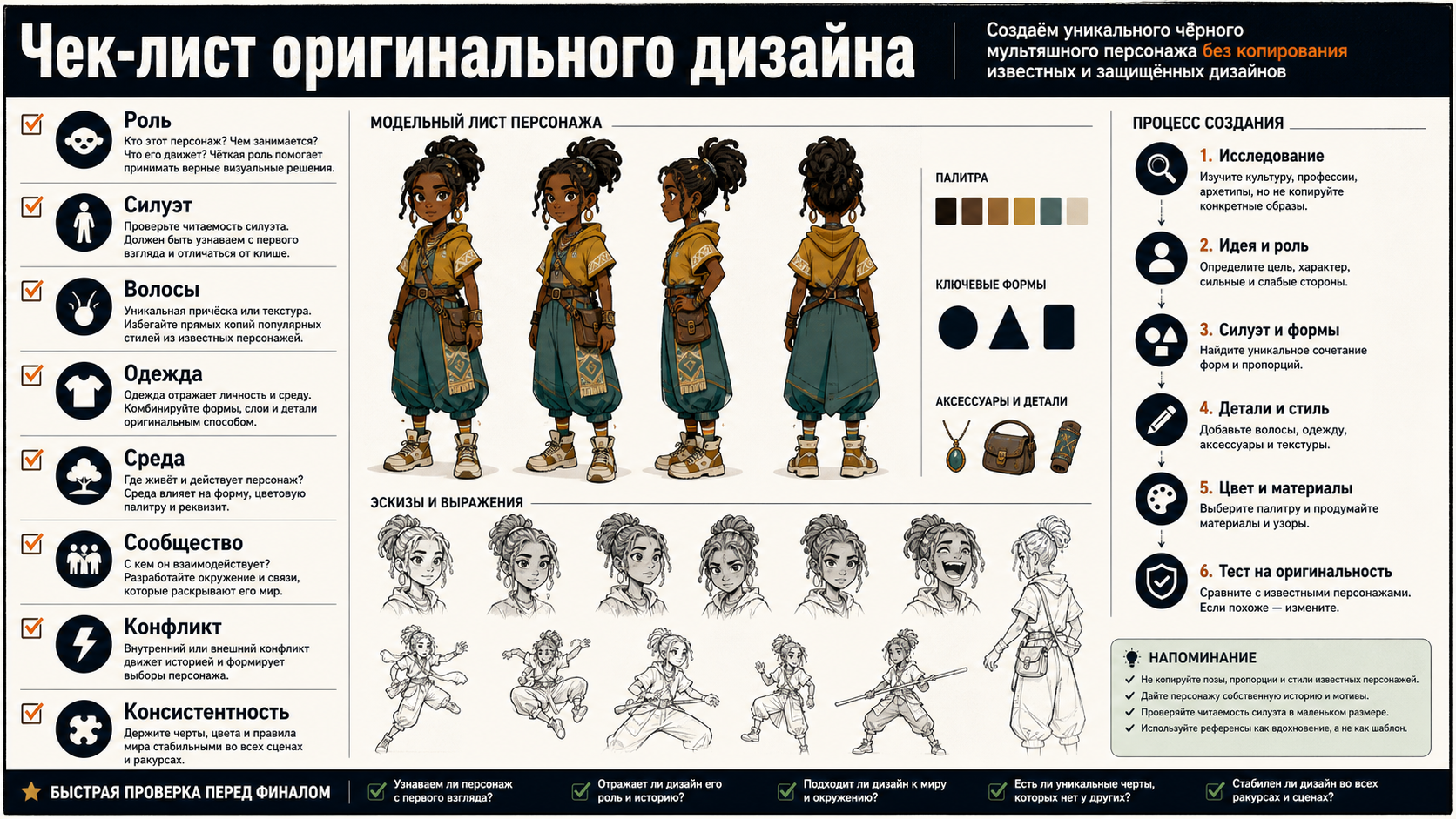 Чек-лист оригинального дизайна чернокожего мультперсонажа: роль, силуэт, волосы, одежда, среда, сообщество, конфликт и консистентность.