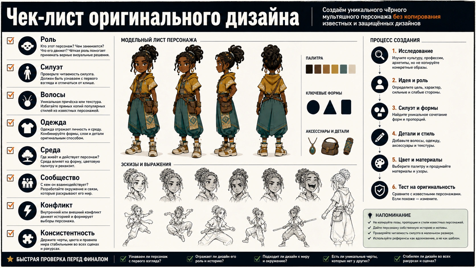 Чек-лист оригинального дизайна чернокожего мультперсонажа: роль, силуэт, волосы, одежда, среда, сообщество, конфликт и консистентность.