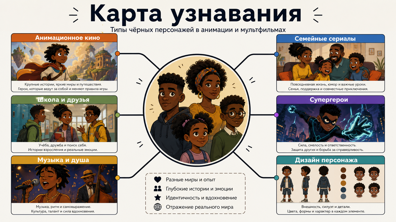 Карта, группирующая чернокожих мультперсонажей по кино, семейным сериалам, школе, супергероям, музыке и дизайну.