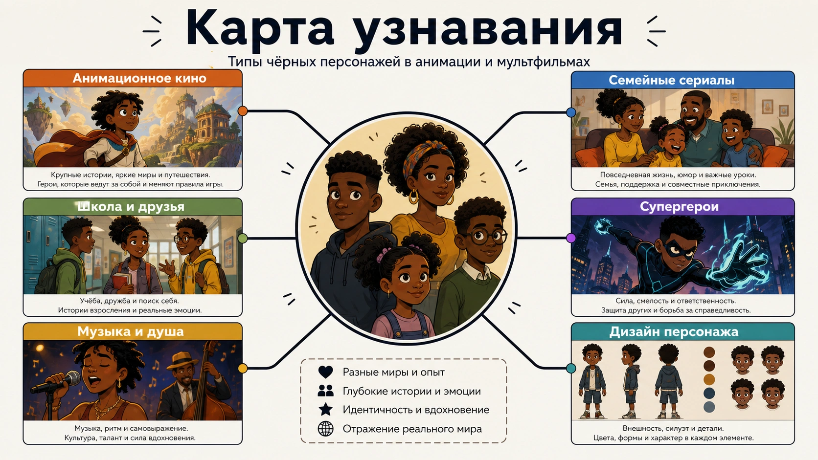 Карта, группирующая чернокожих мультперсонажей по кино, семейным сериалам, школе, супергероям, музыке и дизайну.