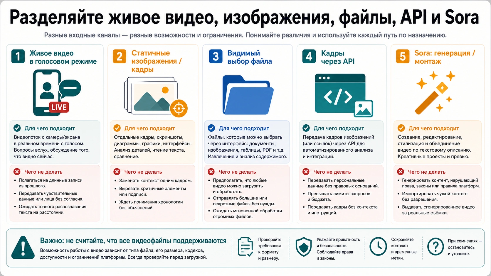 Границы маршрутов: живое видео, статичные изображения, файлы, API-кадры и Sora