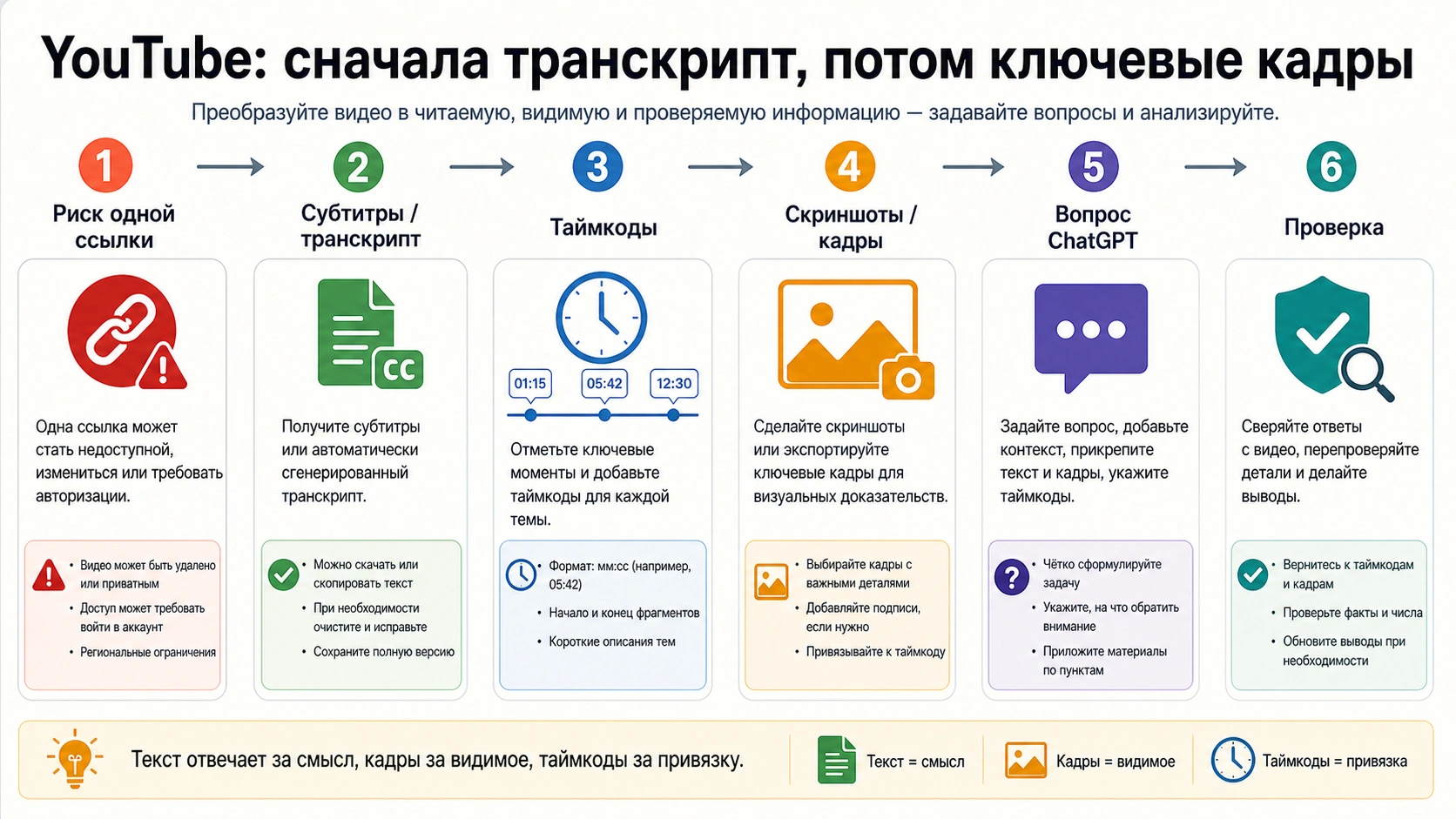 Маршрут YouTube: транскрипт, таймкоды, кадры, вопрос и проверка