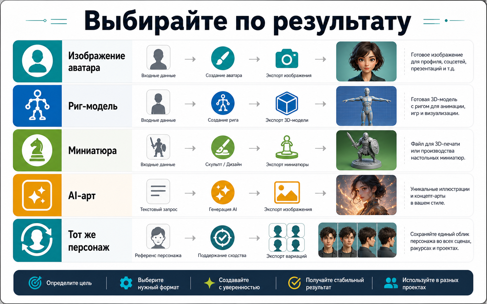 Матрица выбора результата: аватар, 3D, RPG, AI-образ или стабильный персонаж