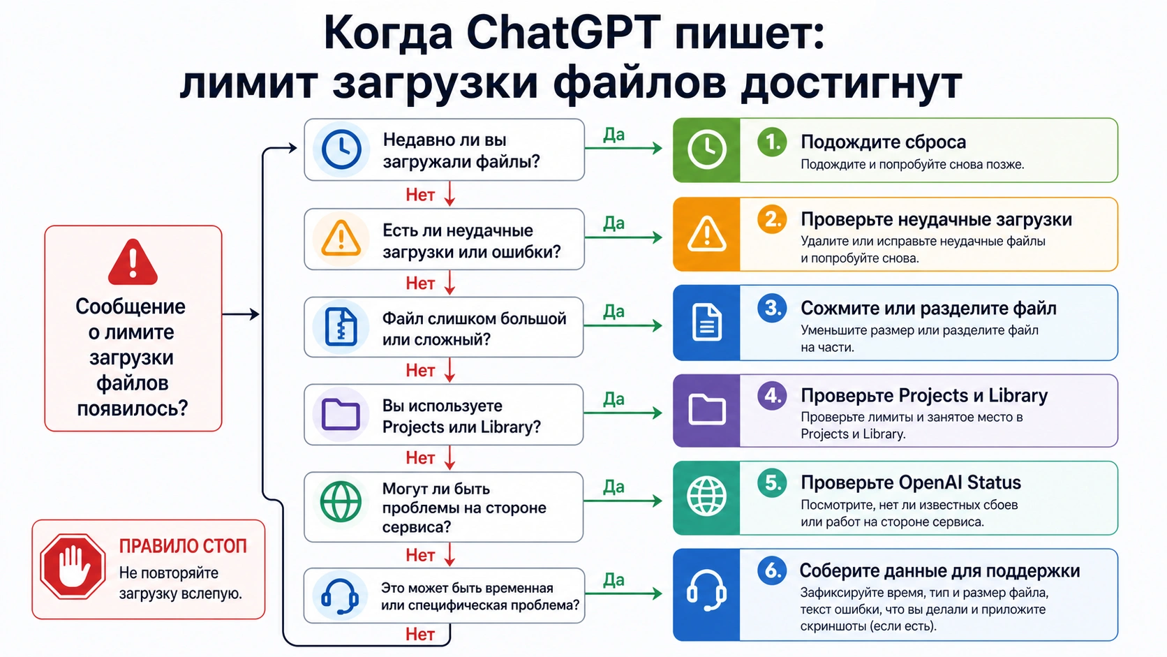 Дерево решений для сообщения ChatGPT о достигнутом лимите загрузки файлов