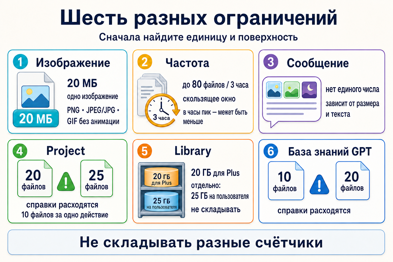 Карта ограничений загрузки ChatGPT: изображение, окно частоты, сообщение, Project, Library и база знаний GPT