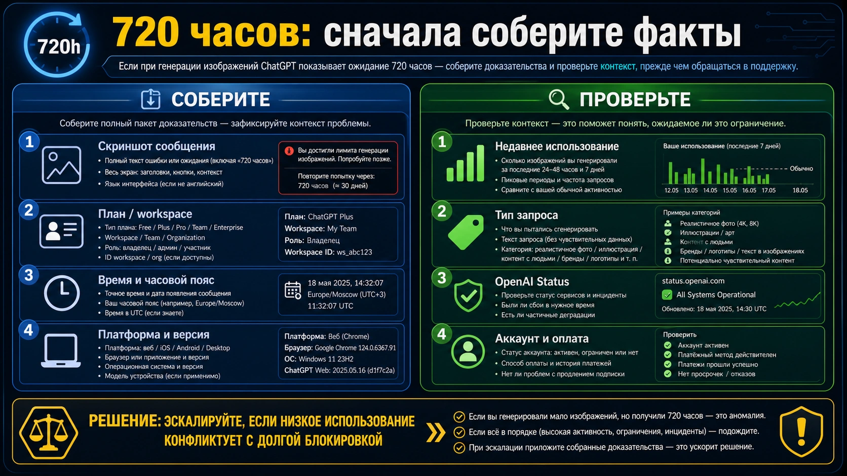 Чеклист доказательств для сообщения ChatGPT о 720 часах ожидания генерации изображений