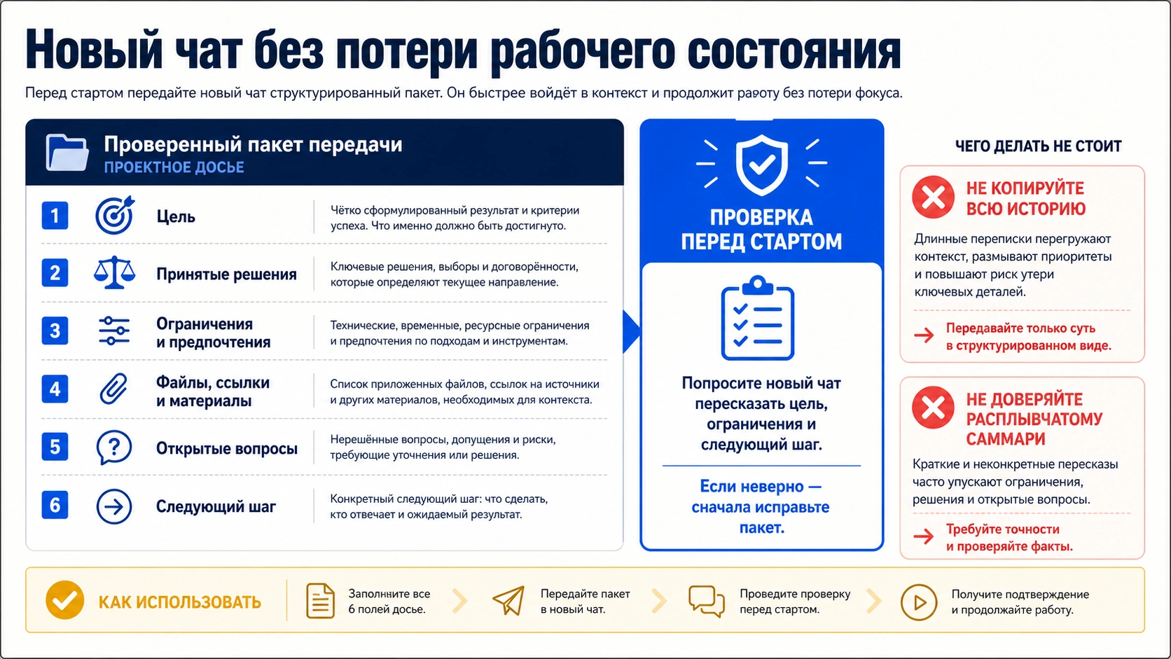 Проверенный пакет передачи с целью, решениями, ограничениями, материалами, вопросами и следующим шагом