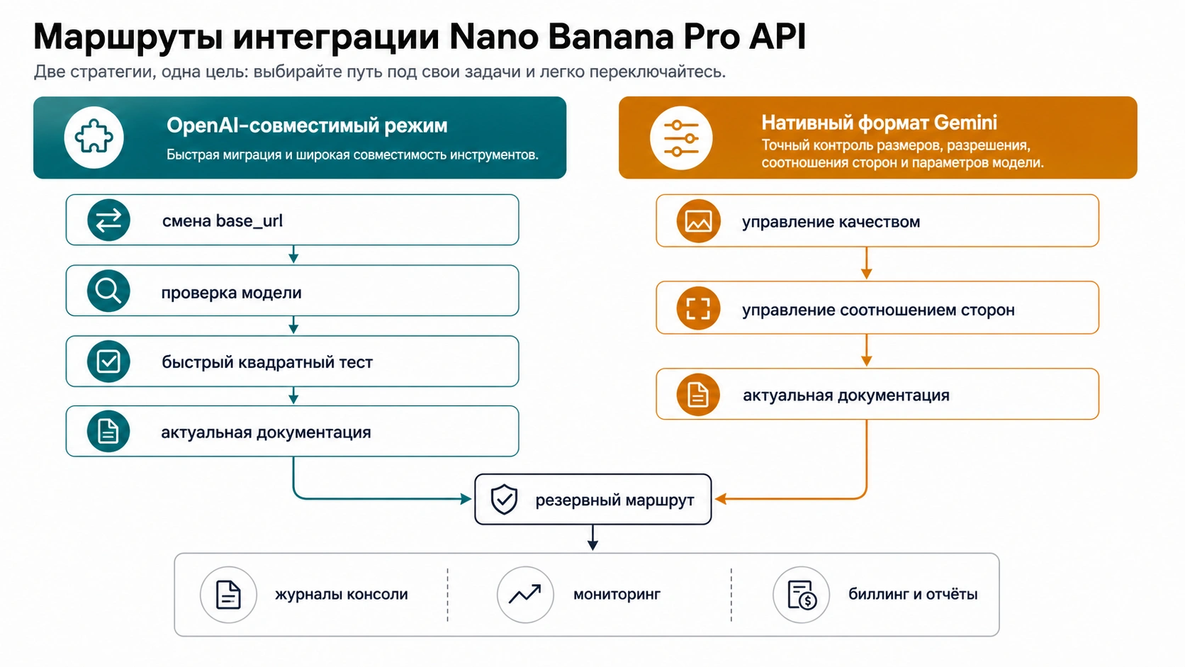 Диаграмма интеграции Nano Banana Pro API: OpenAI-compatible SDK, native Gemini route, route config и log review