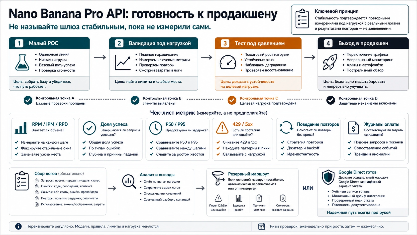Панель проверки стабильности Nano Banana Pro API: квоты, журналы, success rate, P50, P95, retries и fallback