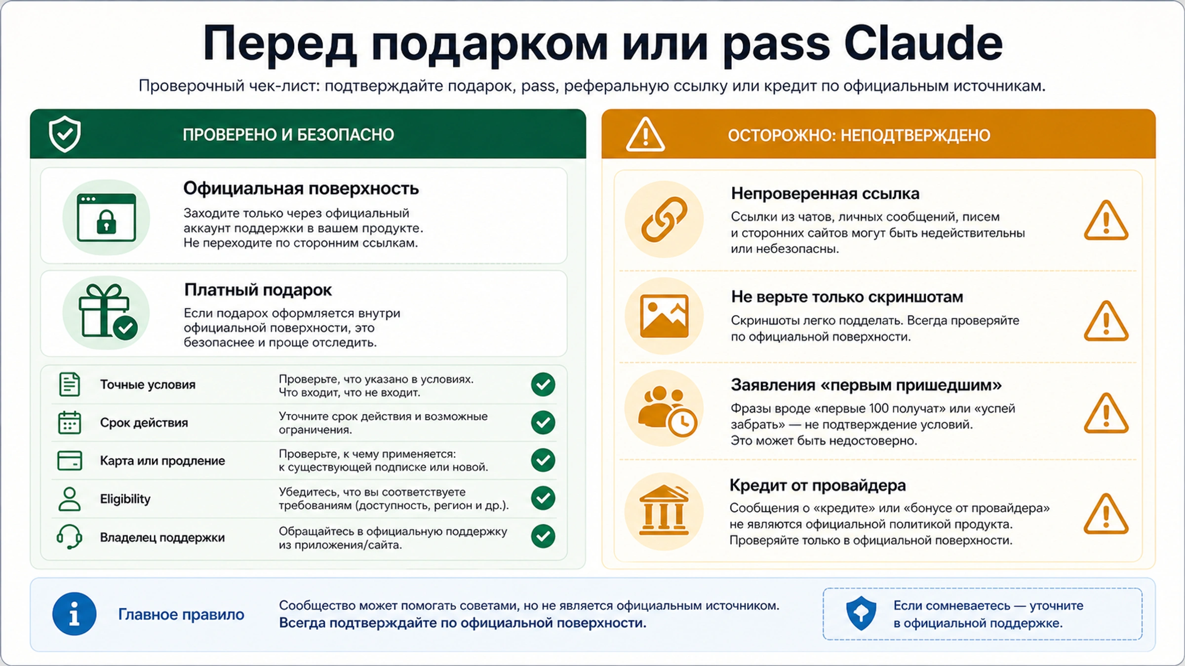 Чеклист проверки Claude gift или pass: официальная поверхность, условия, срок, карта, eligibility и support owner