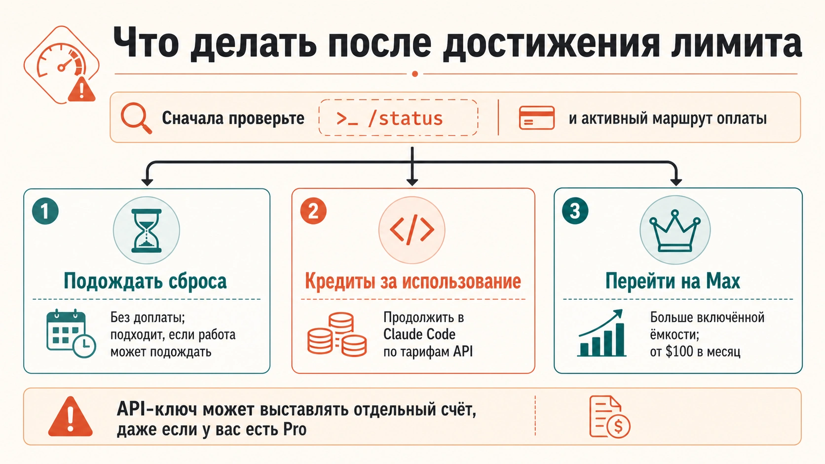 Три действия после лимита Claude Code: ждать сброса, использовать платные кредиты или перейти на Max