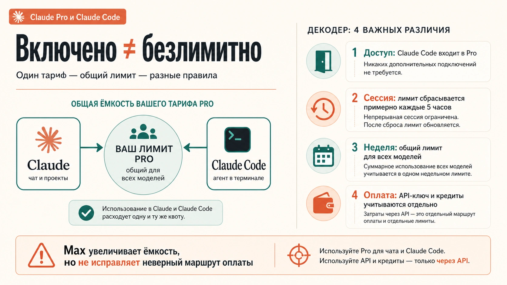 Схема лимитов Claude Pro: доступ, пятитичасовая сессия, недельный общий лимит и отдельный API-биллинг