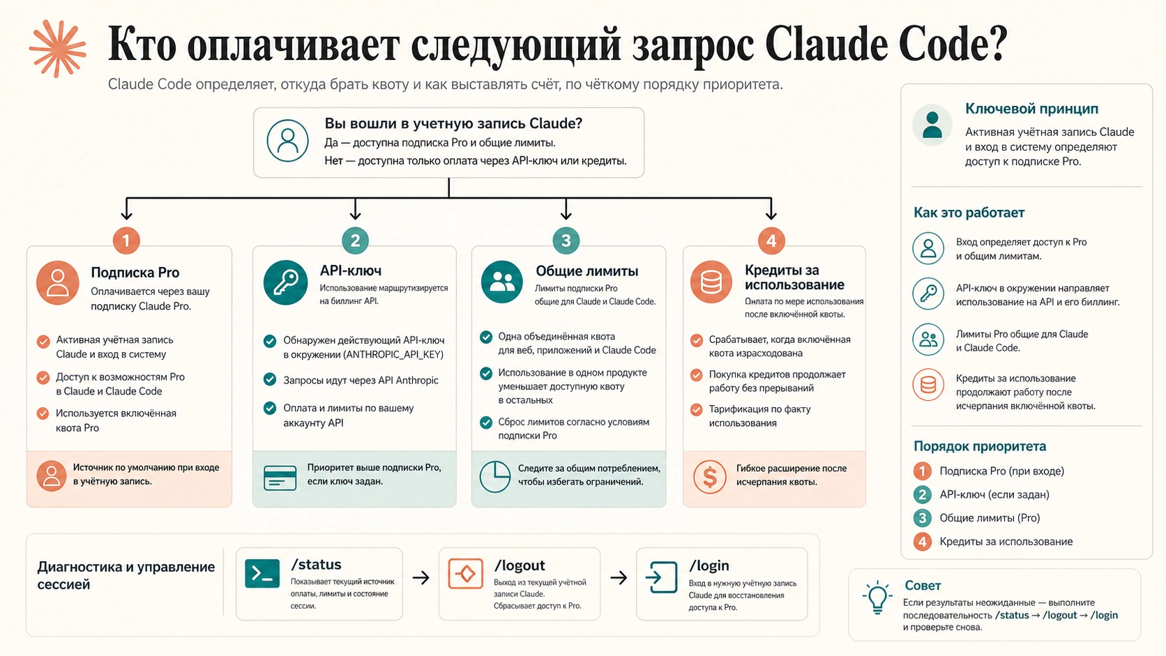 Схема, показывающая, кто оплачивает запрос Claude Code: Pro, API-ключ, общий лимит или кредиты использования