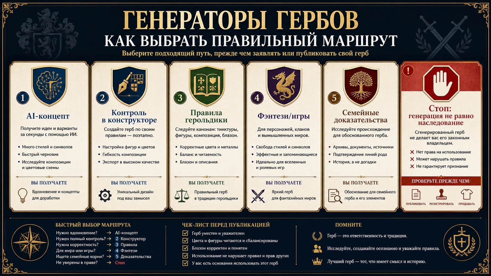 Как выбрать генератор герба: AI-эскиз, конструктор, блазон, фэнтези или семейное доказательство