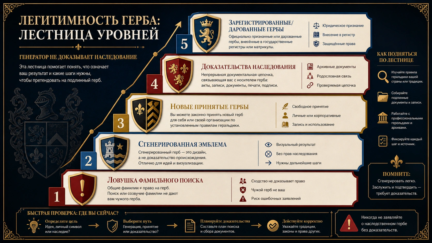 Лестница легитимности: сгенерированная эмблема, принятые arms, наследственное доказательство, регистрация или пожалование и фамильная ловушка