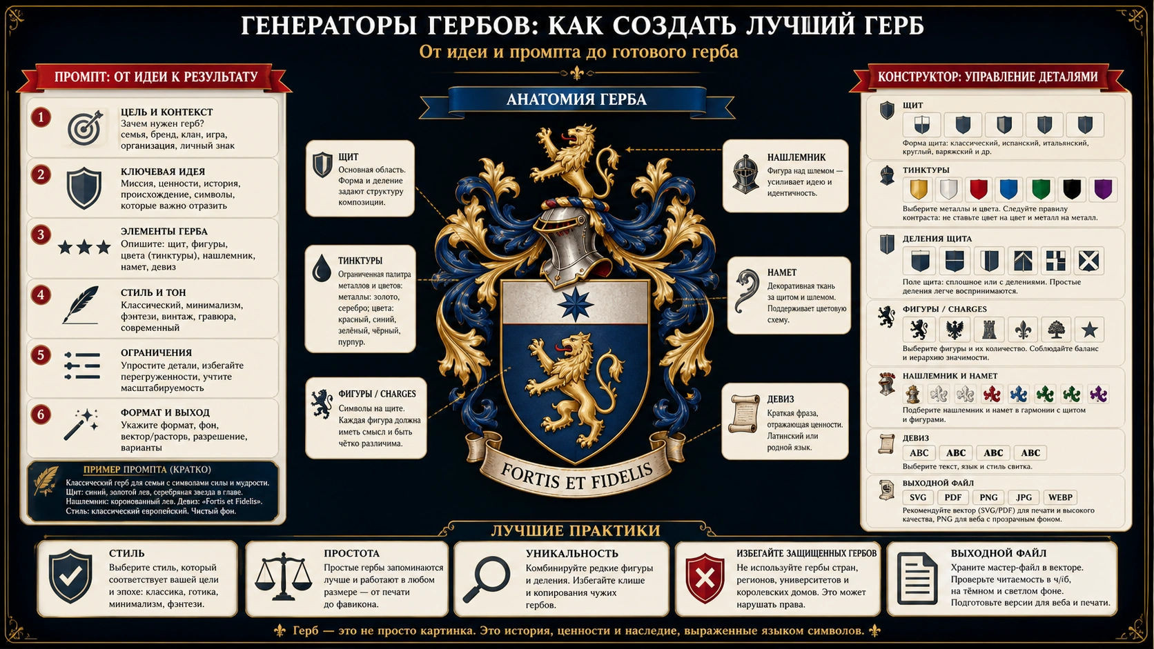 Анатомия промпта и конструктора герба: щит, тинктуры, фигуры, crest, девиз, уникальность и файл