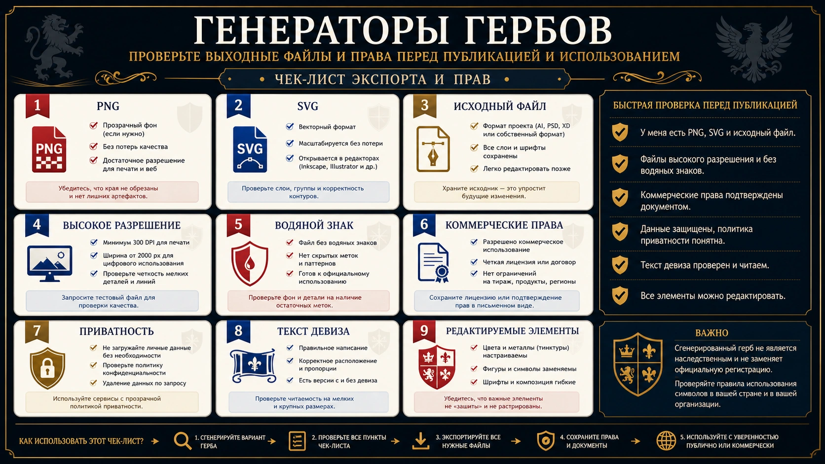 Чек-лист экспорта, водяного знака, коммерческих прав, приватности, девиза и редактируемости для генератора герба