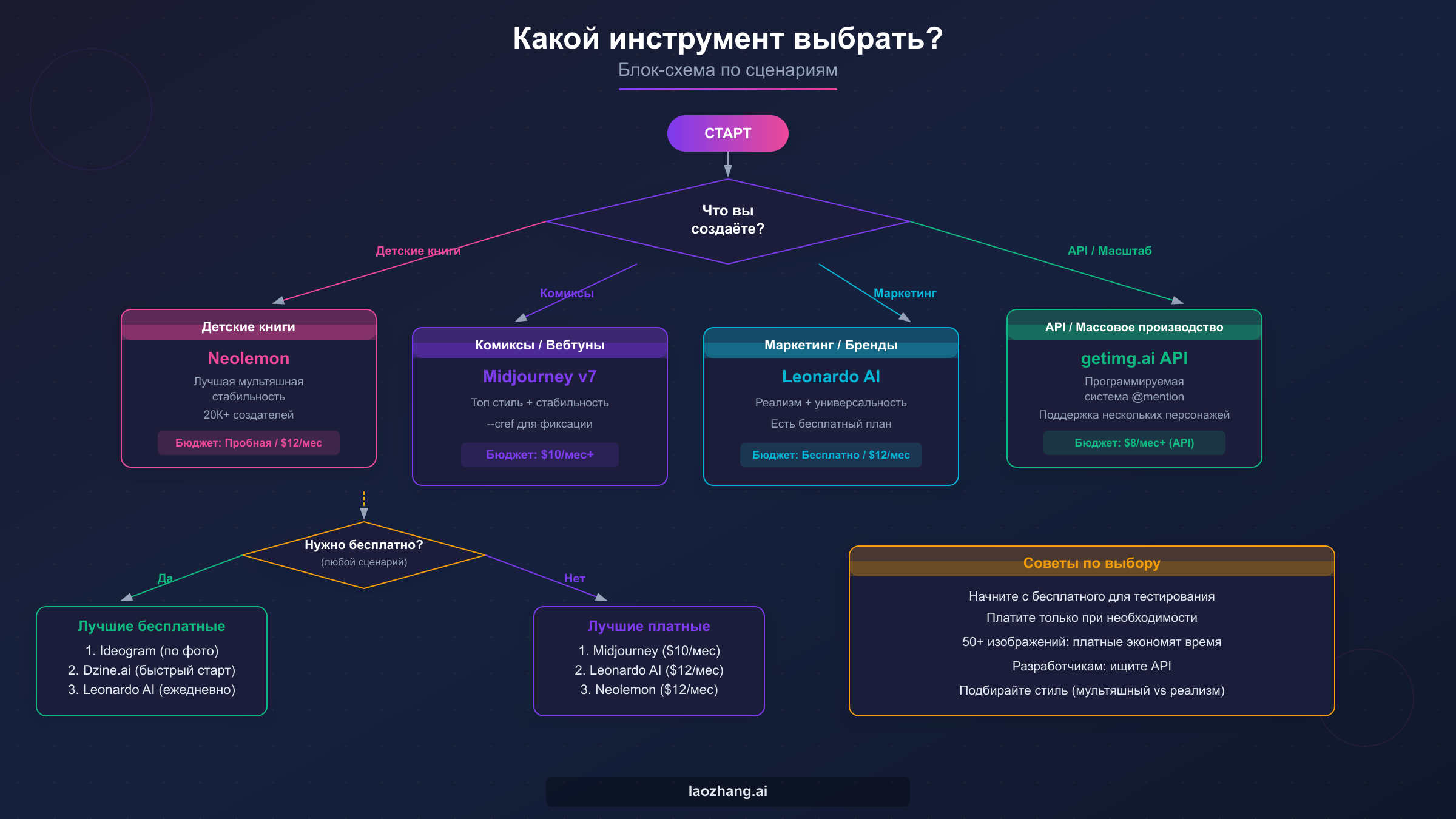 Блок-схема принятия решений для выбора правильного генератора постоянных персонажей в зависимости от задачи и бюджета