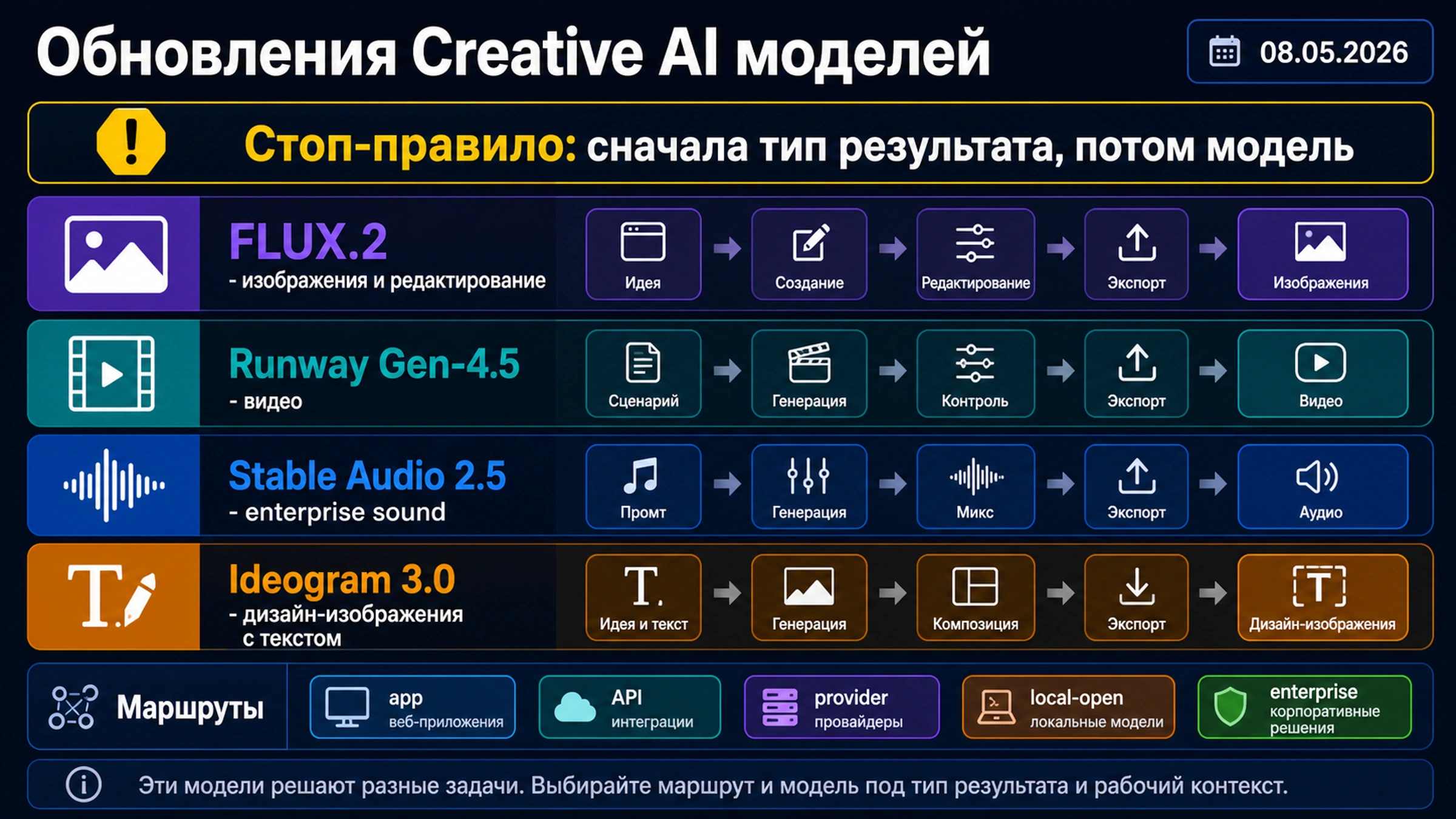Как выбрать творческую AI-модель: FLUX.2, Runway Gen-4.5, Stable Audio 2.5 и Ideogram 3.0