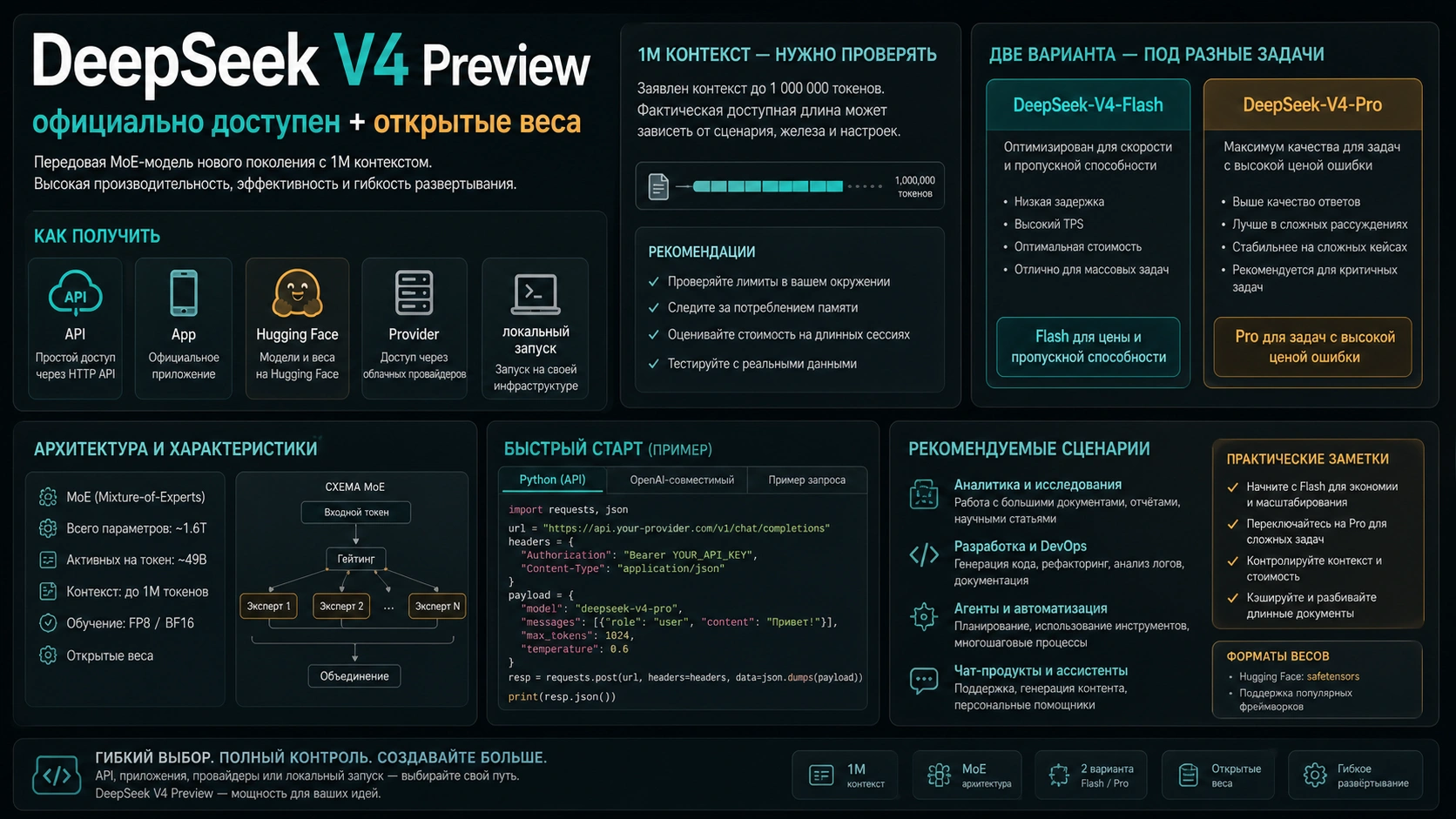 DeepSeek V4 Preview: Pro, Flash, 1M контекст, API и открытые веса