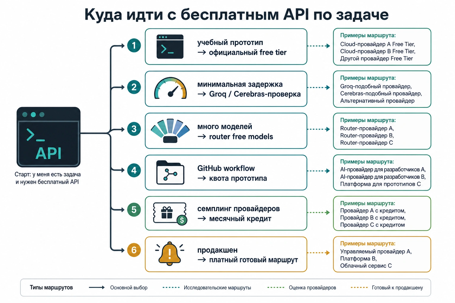 Русская карта выбора бесплатного AI API по рабочей задаче
