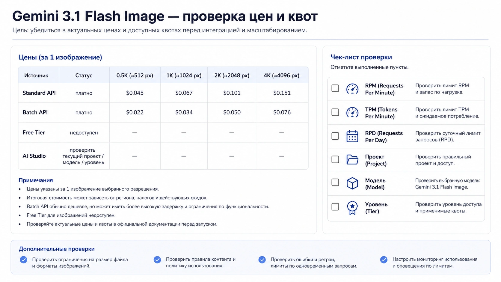 Чеклист цены и квот: Standard и Batch платные, Free Tier недоступен, активные лимиты проверяются в AI Studio
