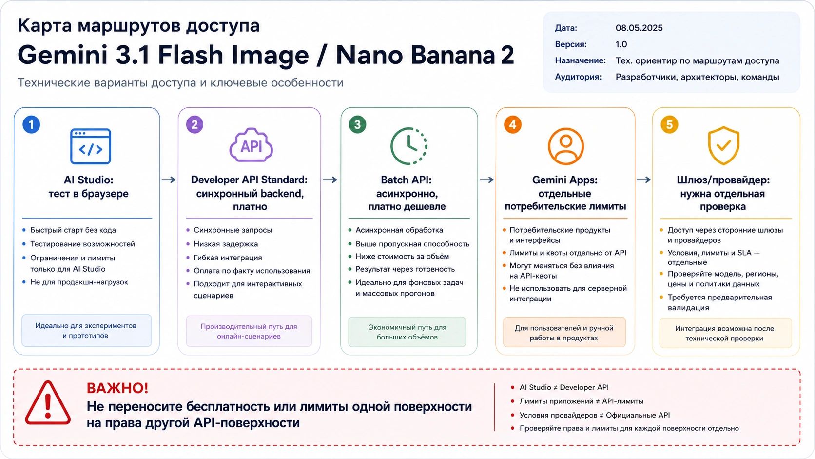 Карта маршрутов, разделяющая AI Studio, платный Developer API, платный Batch API, Gemini Apps и проверку шлюза