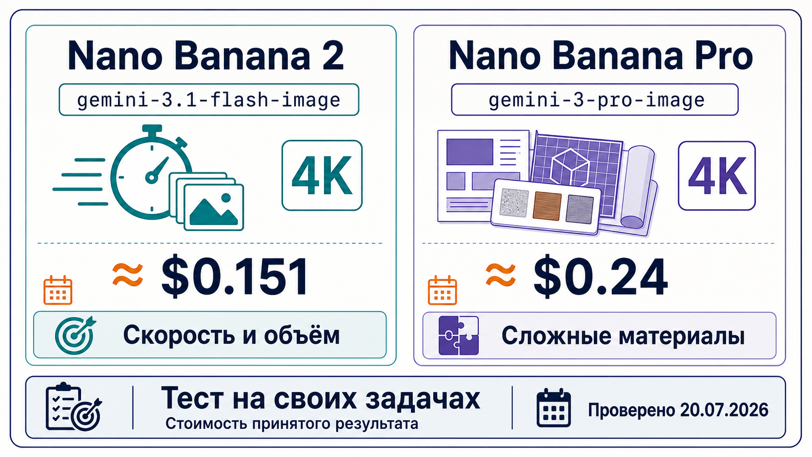 Сравнение Nano Banana 2 и Nano Banana Pro по цене 4K, скорости и сложности задач