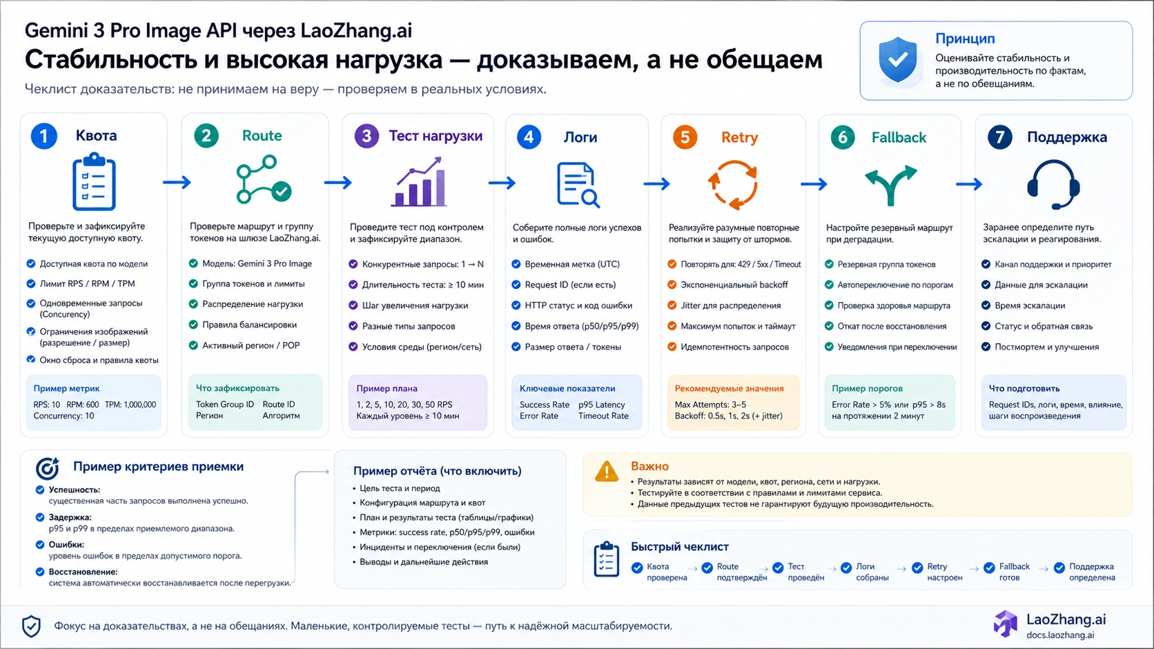 Чеклист проверки нагрузки Gemini 3 Pro Image API: квота, route, нагрузочный тест, логи, retry, fallback и поддержка