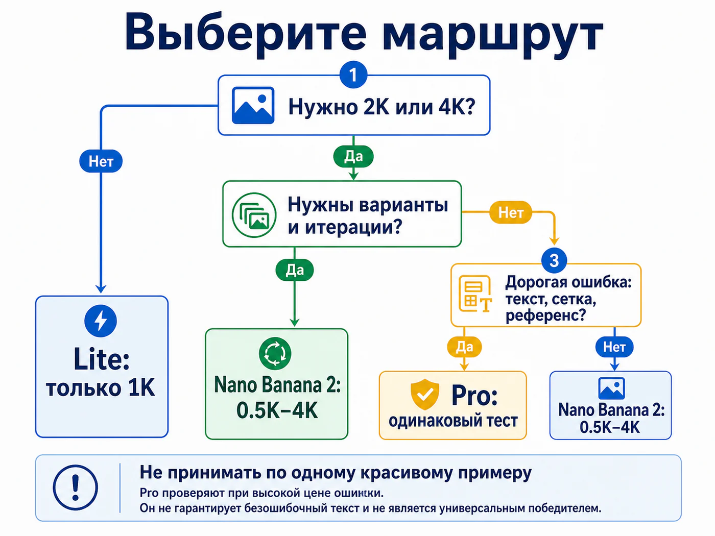 Дерево выбора между Lite, Nano Banana 2 и Pro с условиями разрешения, объёма, текста, референсов и стоп-правилами.