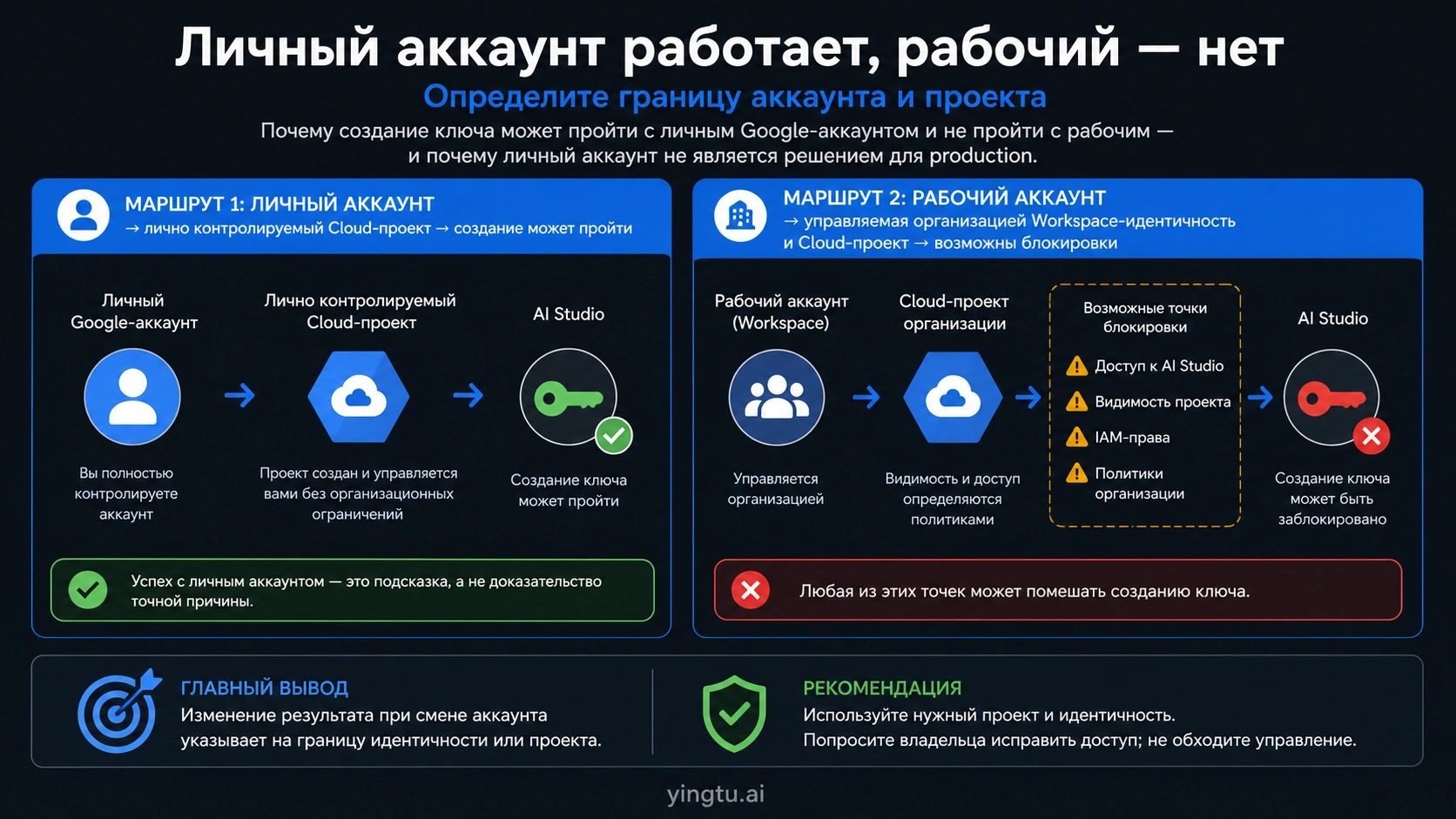 Граница аккаунта и проекта, когда личный аккаунт создаёт ключ, а рабочий не может