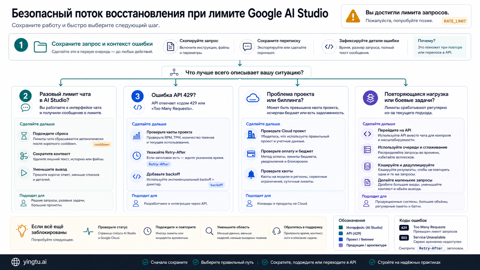 Безопасный поток восстановления после лимита Google AI Studio