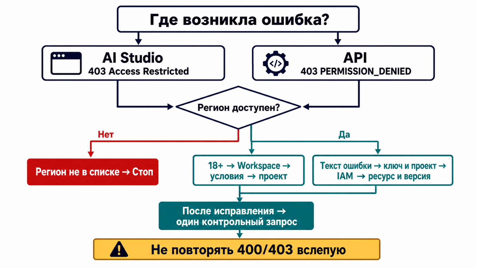 Схема диагностики ошибки 403 по поверхности, региону, аккаунту и проекту