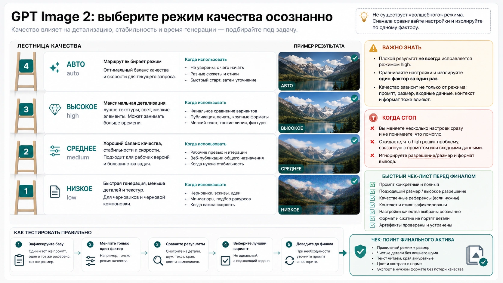 Лестница качества GPT Image 2: low, medium, high и auto
