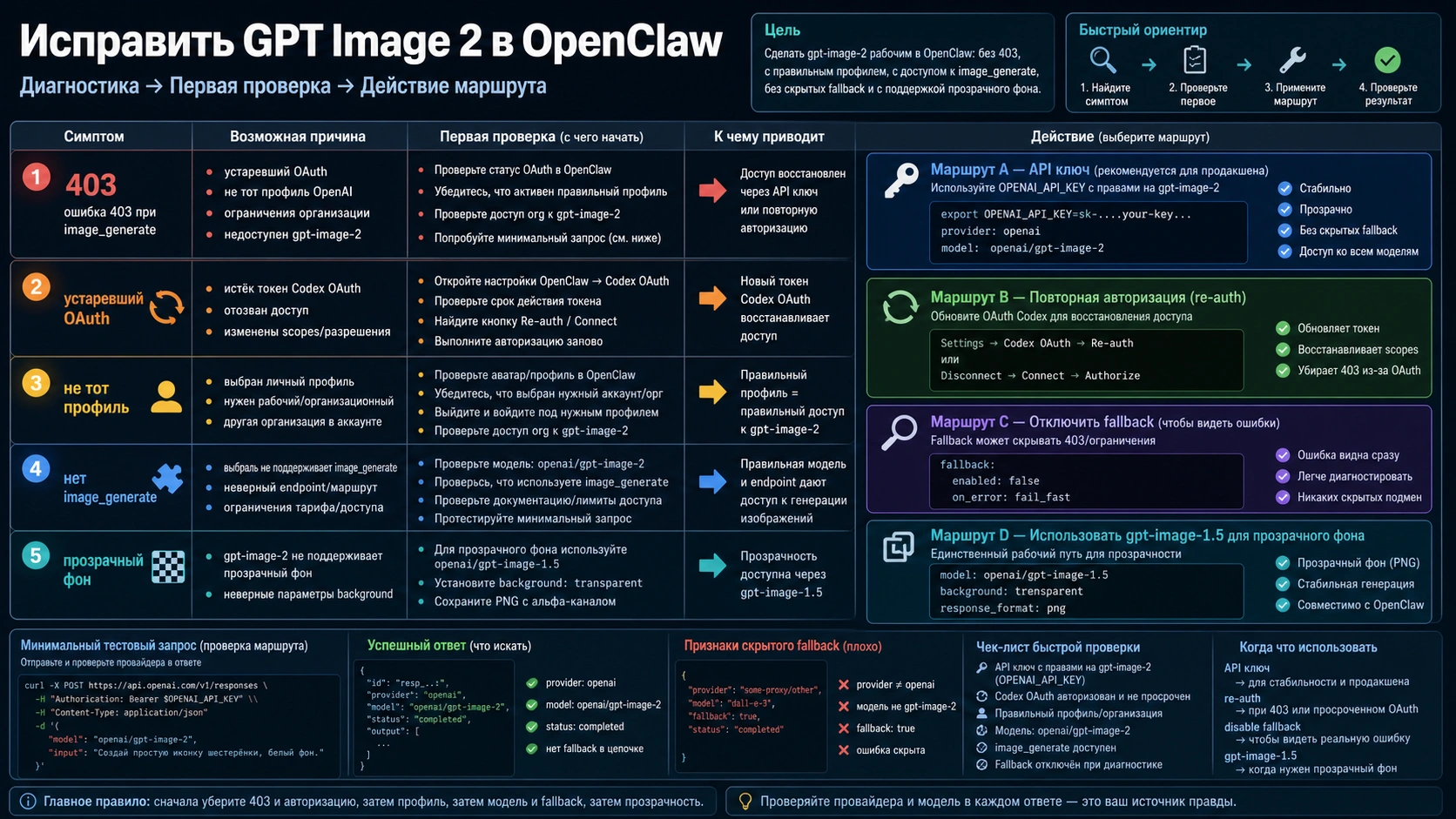 Troubleshooting matrix for OpenClaw GPT Image 2 failures including 403, stale OAuth, fallback masking, and transparent background.