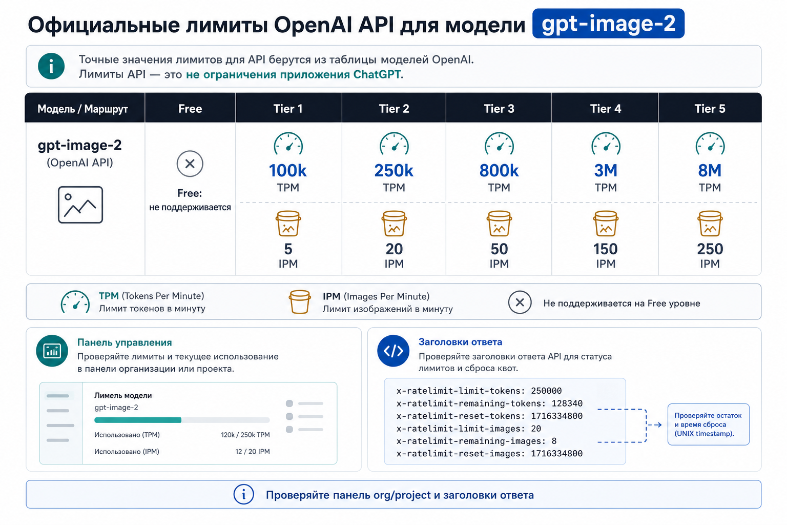 GPT Image 2 API limit buckets for TPM IPM monthly usage and response headers